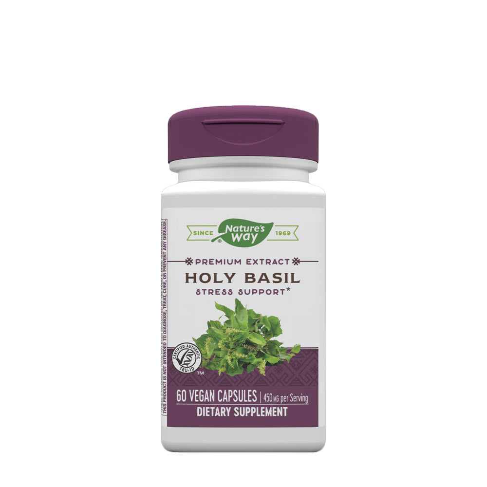 Nature's Way Holy Basil supplement bottle for stress support with 60 vegan capsules.