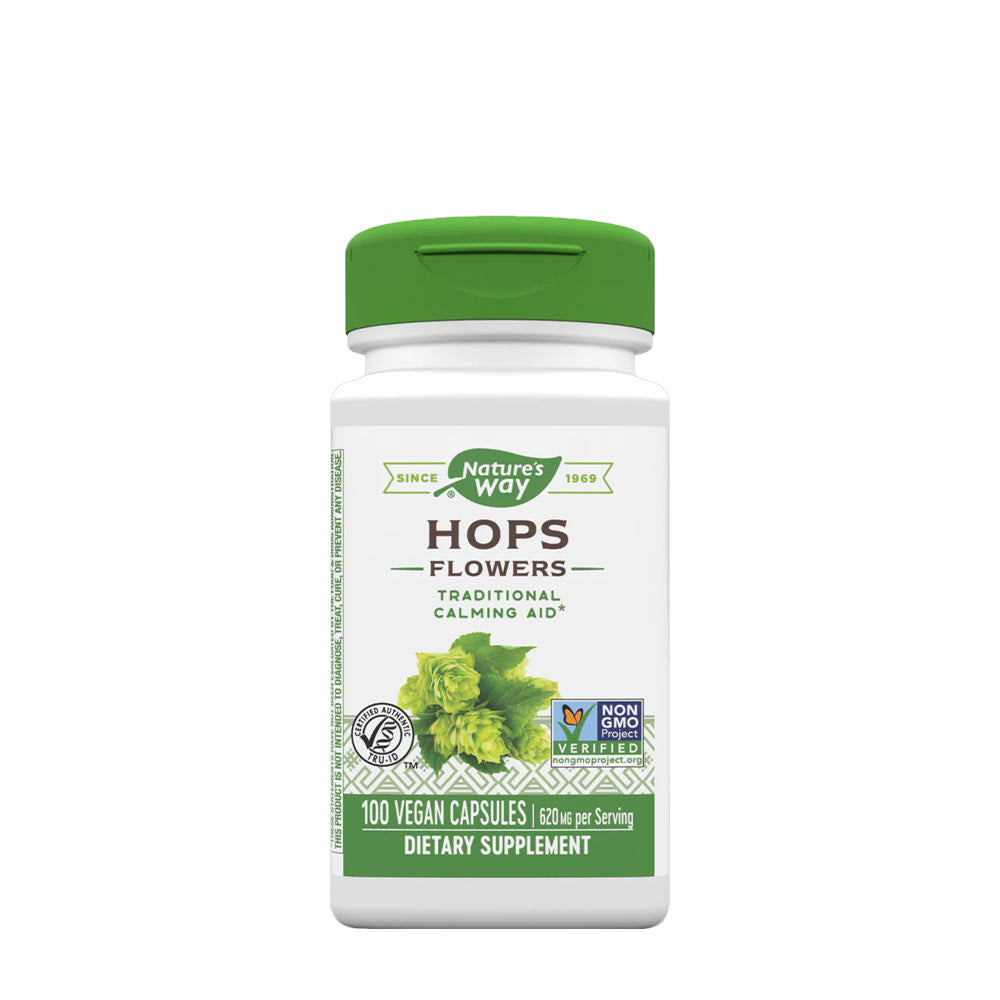 Nature's Way Hops Flowers supplement bottle, supports relaxation and digestive health.