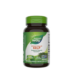 Nature's Way Kelp dietary supplement bottle, supports thyroid function with 100 vegan capsules.