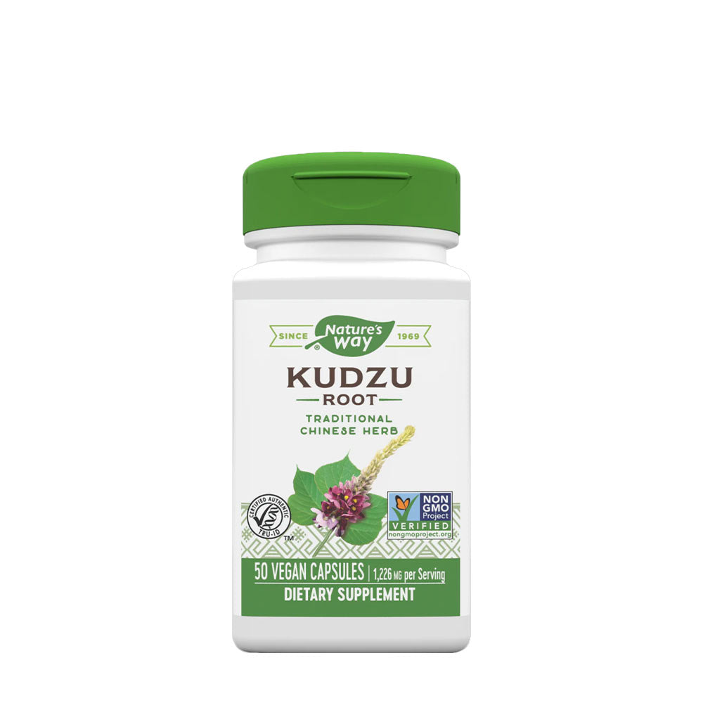 Nature's Way Kudzu root supplement bottle, 50 vegan capsules, promotes digestion and heart health.