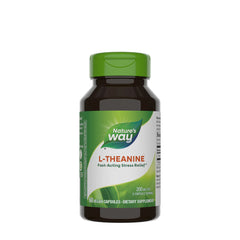 Nature's Way L-Theanine supplement bottle for relaxation and stress relief, 60 vegan capsules.