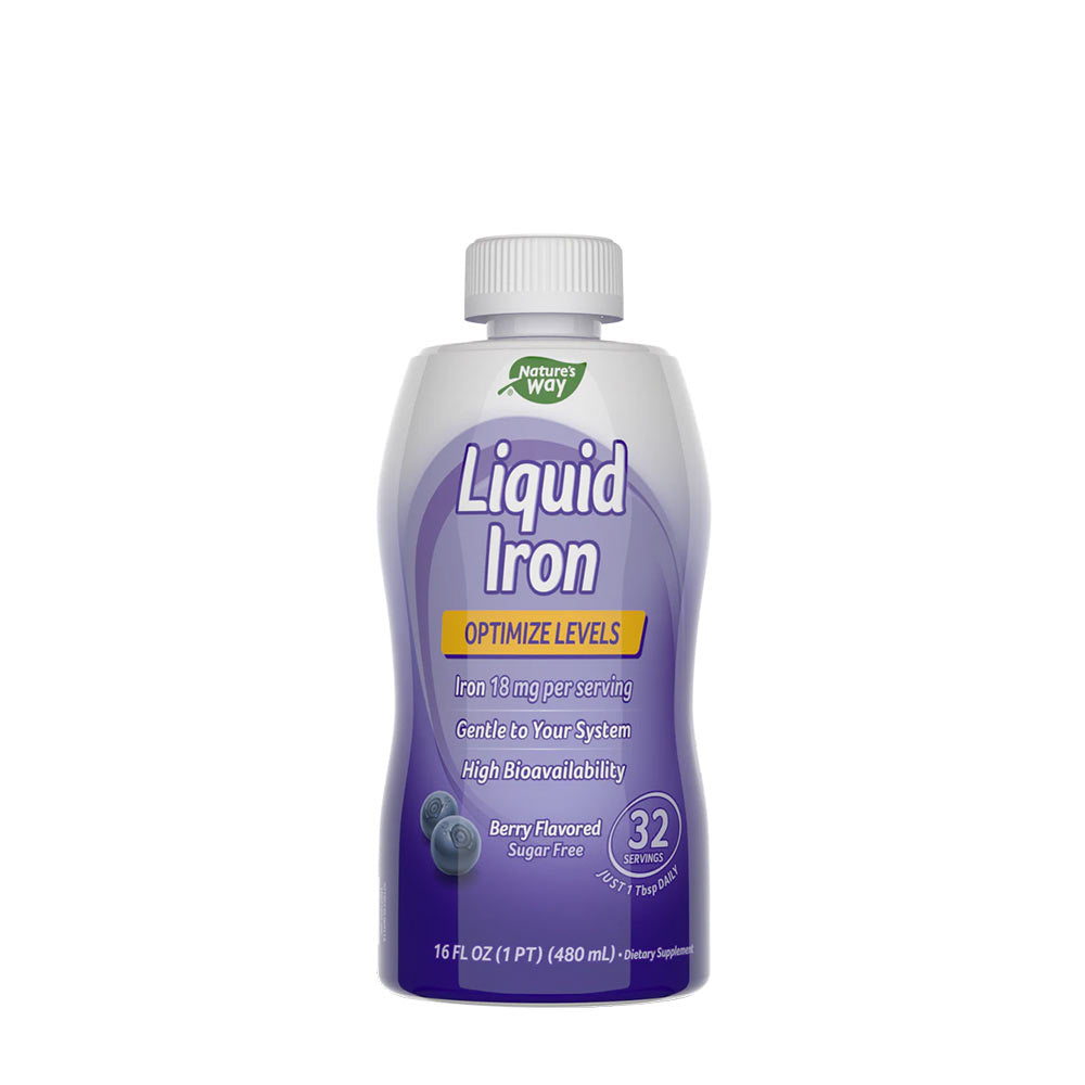 Nature's Way Liquid Iron, 16 oz bottle, berry flavored, high bioavailability, gentle on stomach.