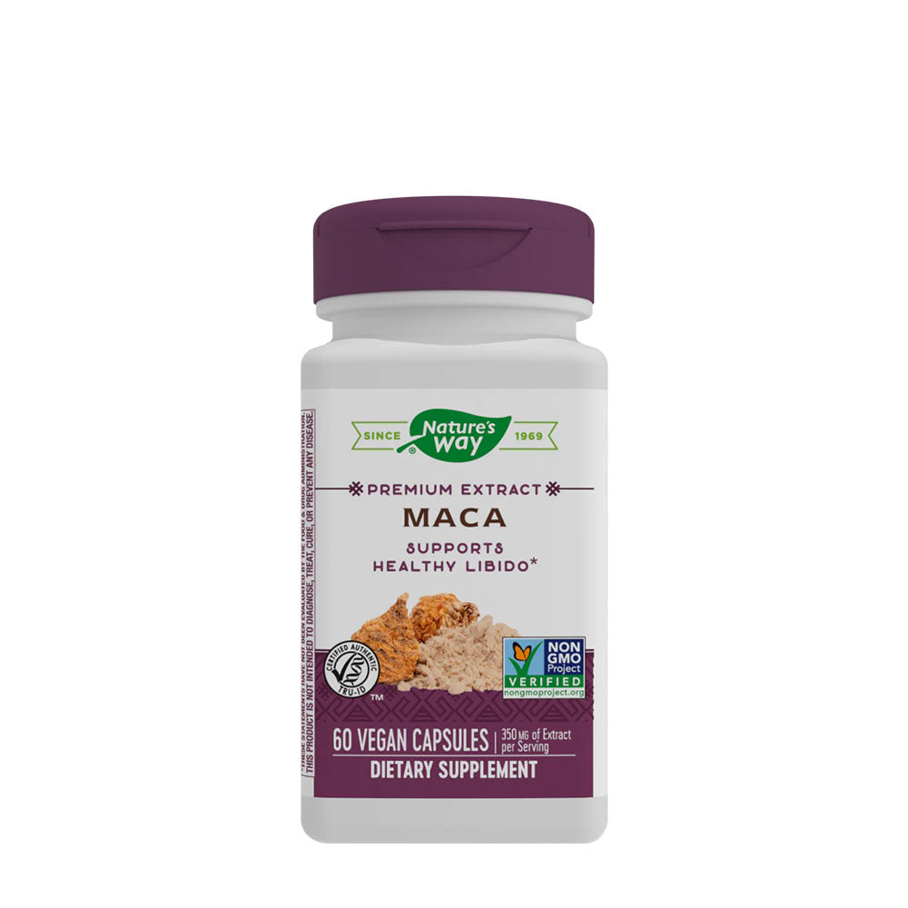 Nature's Way Maca dietary supplement, 60 vegan capsules supporting energy, libido, and hormonal balance.