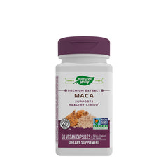 Nature's Way Maca dietary supplement, 60 vegan capsules supporting energy, libido, and hormonal balance.