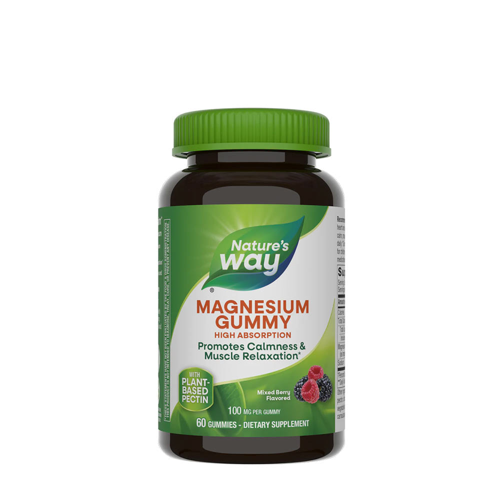 Nature's Way Magnesium Gummy bottle promoting calmness and muscle relaxation, high absorption formula, 60 gummies.