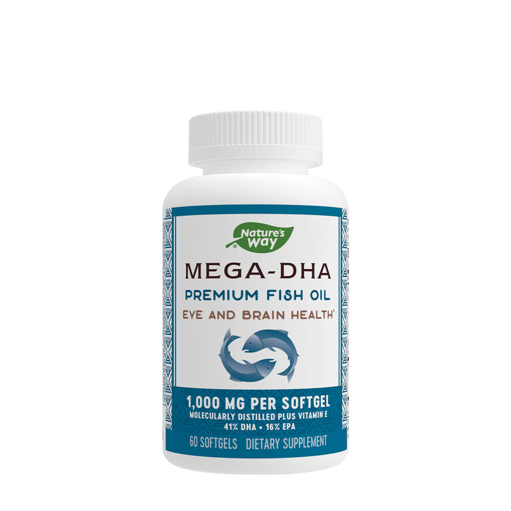 Nature's Way Mega-DHA fish oil supplement bottle for eye and brain health support.