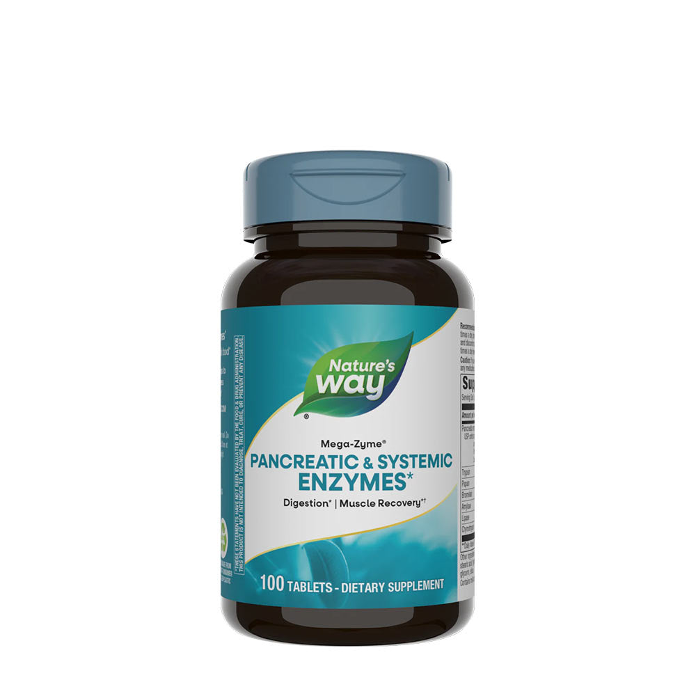 Nature's Way Mega-Zyme dietary supplement for digestion and muscle recovery, featuring pancreatic and systemic enzymes.