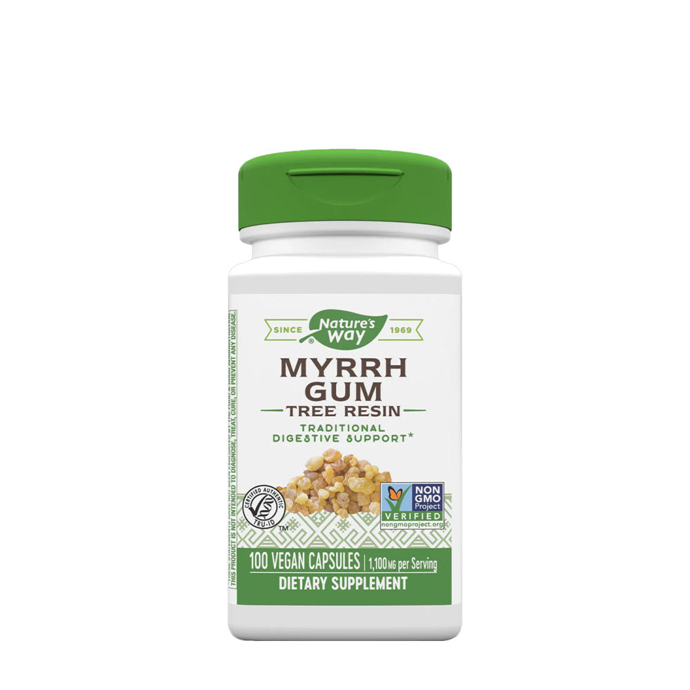 Nature's Way Myrrh Gum tree resin supplement in a white bottle with green cap, offering digestive support and 100 vegan capsules.