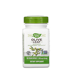 Nature's Way Olive Leaf supplement bottle promoting antioxidant support in vegan capsules.