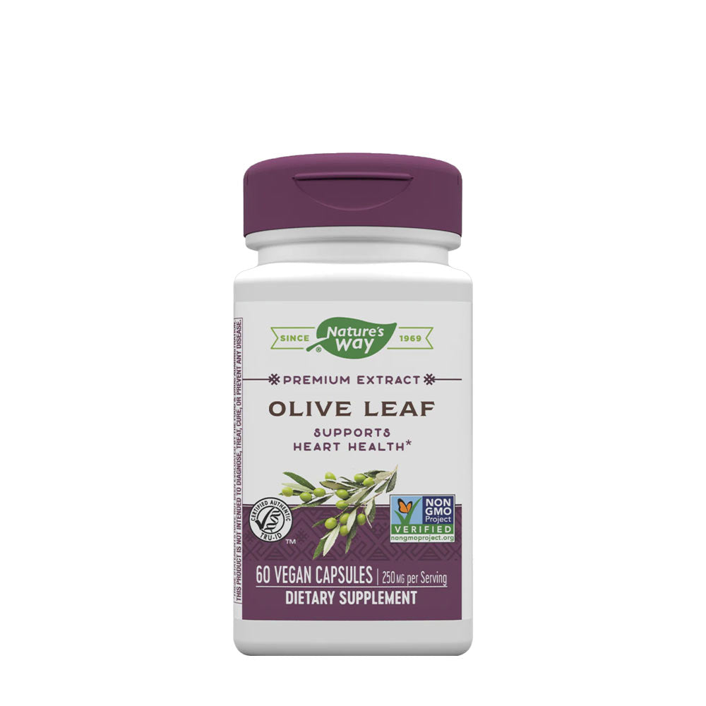 Nature's Way Olive Leaf Premium Extract bottle, 60 vegan capsules, supports heart health and immune function.