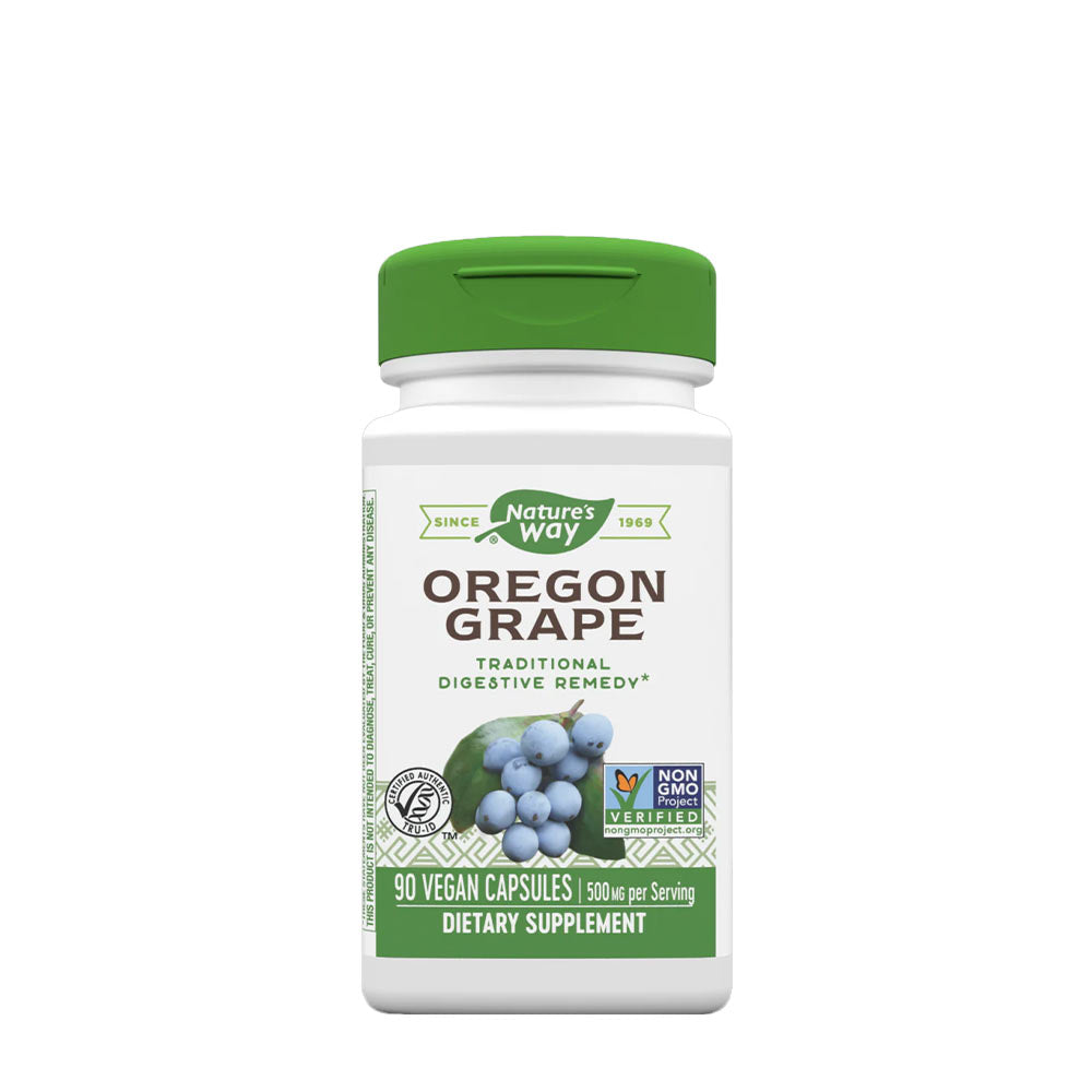 Nature's Way Oregon Grape dietary supplement capsules for digestion support, 90 vegan capsules, non-GMO, gluten-free.
