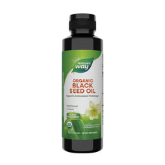 Nature's Way organic black seed oil bottle, supports antioxidant pathways, cold pressed.