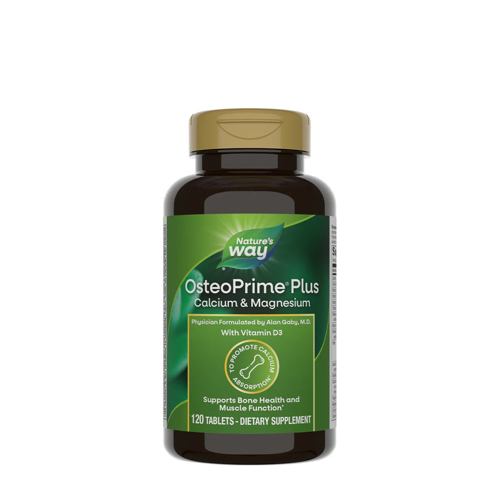 Nature's Way OsteoPrime Plus bottle for bone health and muscle function support, 120 tablets. Dietary supplement.