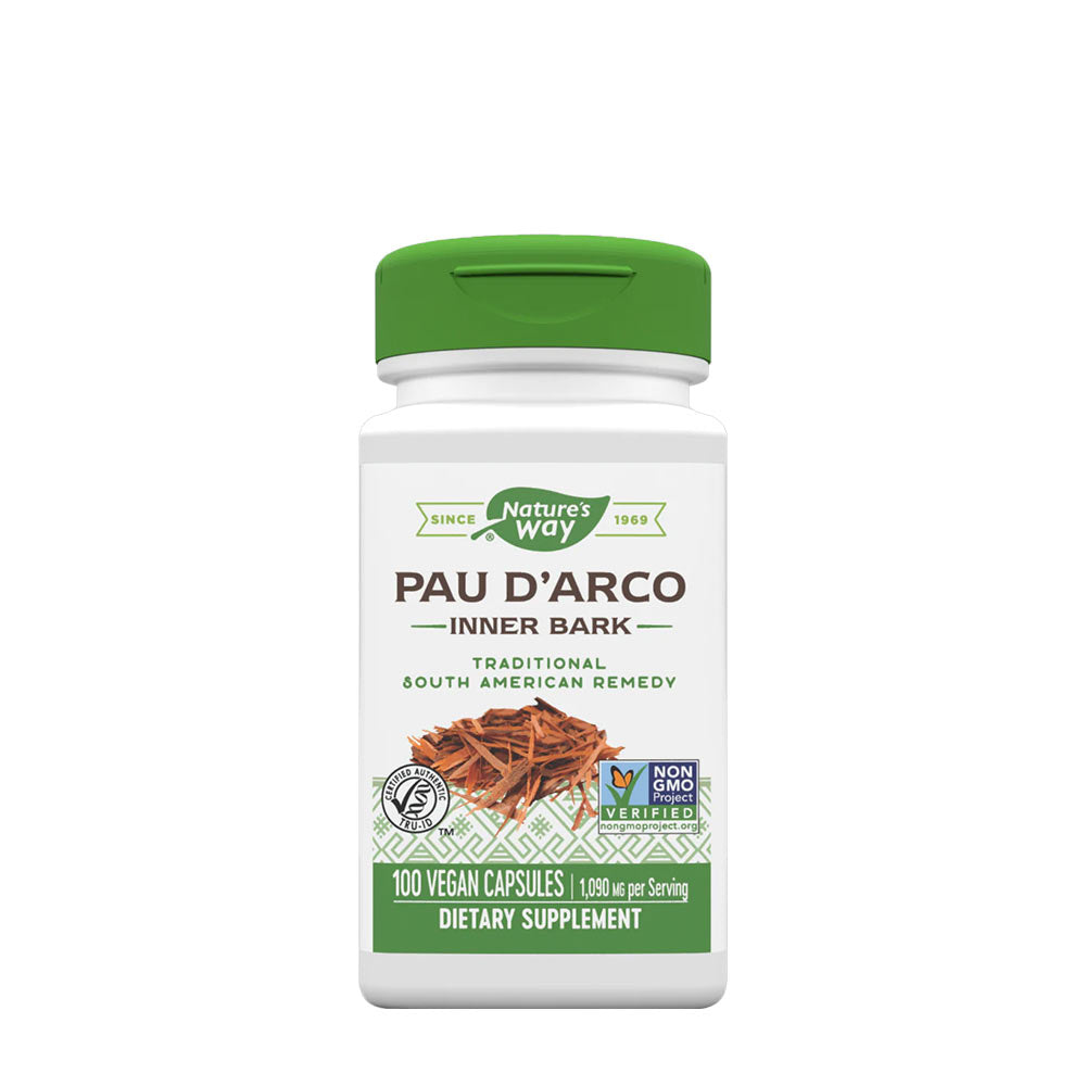 Nature's Way Pau d'Arco Inner Bark supplement bottle for immune support, 100 vegan capsules, South American remedy.