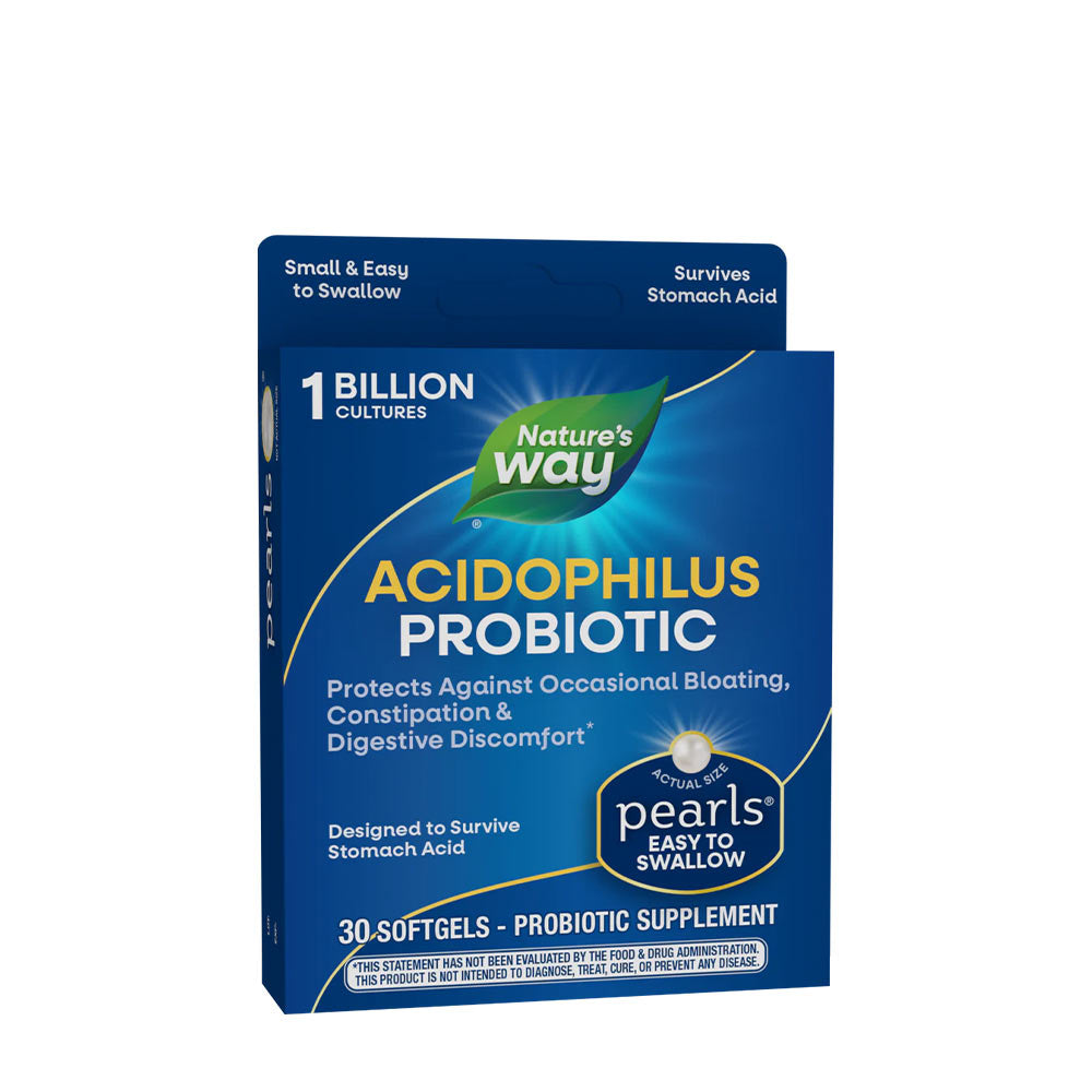 Nature's Way Probiotic Pearls Acidophilus for digestive health, 30 softgels, protects against bloating and discomfort.