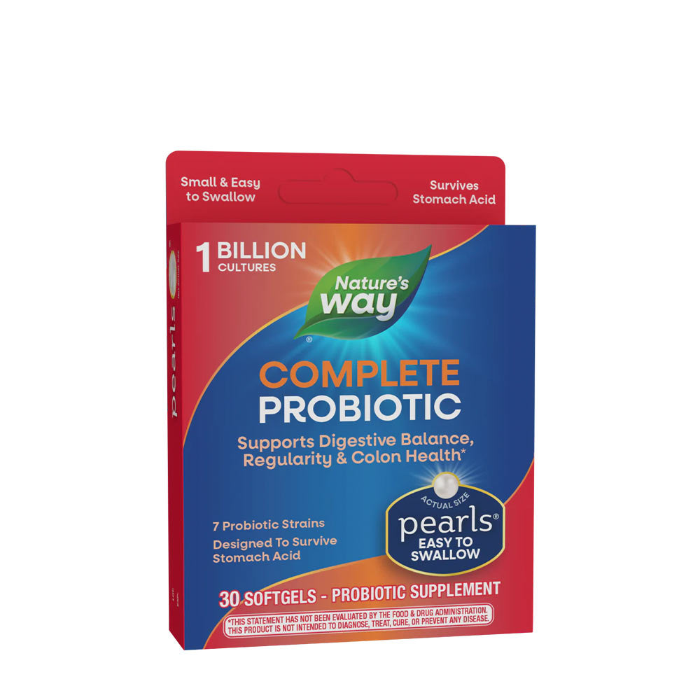 Nature's Way Probiotic Pearls Complete supplement box promoting digestive health and regularity.