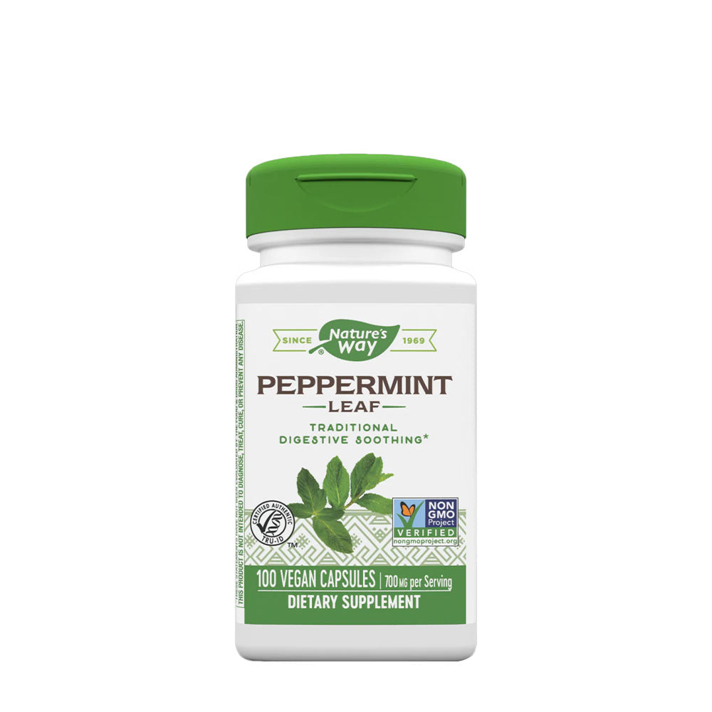 Nature's Way Peppermint Leaf dietary supplement bottle for digestive health, 100 vegan capsules.