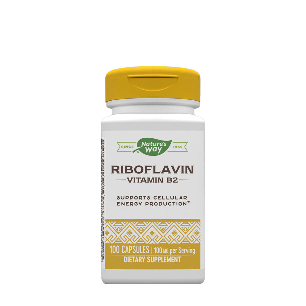 Nature's Way Riboflavin Vitamin B2 capsules for energy support and overall health, 100 capsules per bottle.