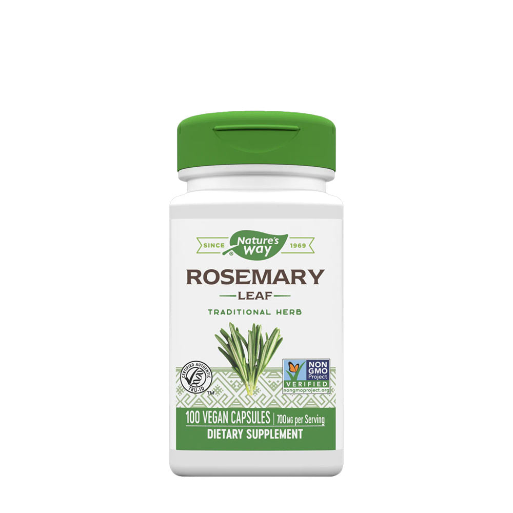 Nature's Way Rosemary Leaf supplement bottle with 100 vegan capsules for memory and clarity benefits.