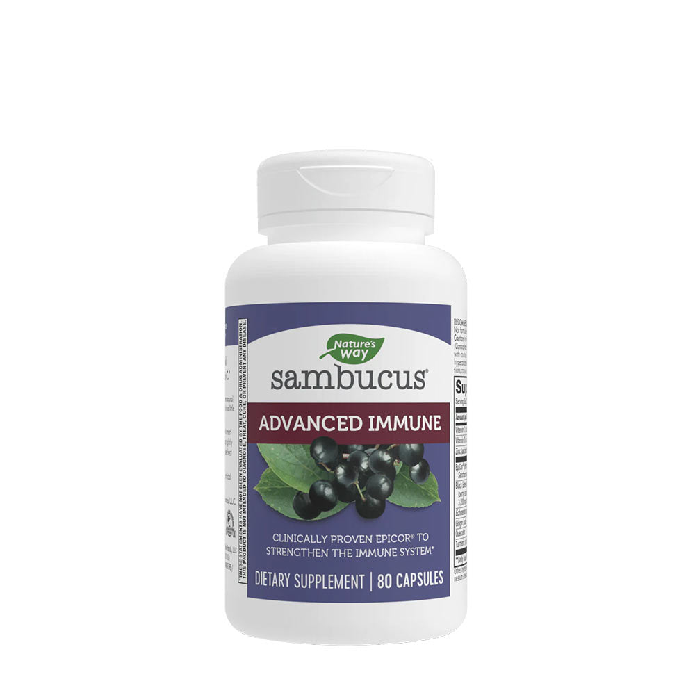 Nature's Way Sambucus Advanced Immune supplement bottle, 80 capsules for quick immune support and antioxidant benefits.