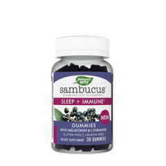 Nature's Way Sambucus Sleep + Immune Gummies bottle with natural ingredients for sleep support and immune health.