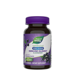Nature's Way Sambucus Zero Sugar Immune Gummies bottle with elderberry, zinc, vitamins C and D3, dietary supplement.