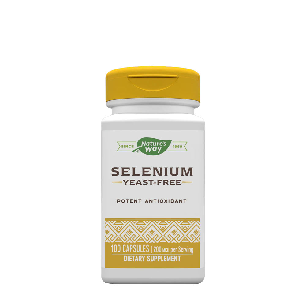 Nature's Way Selenium dietary supplement bottle with 100 capsules, potent antioxidant for immune support.