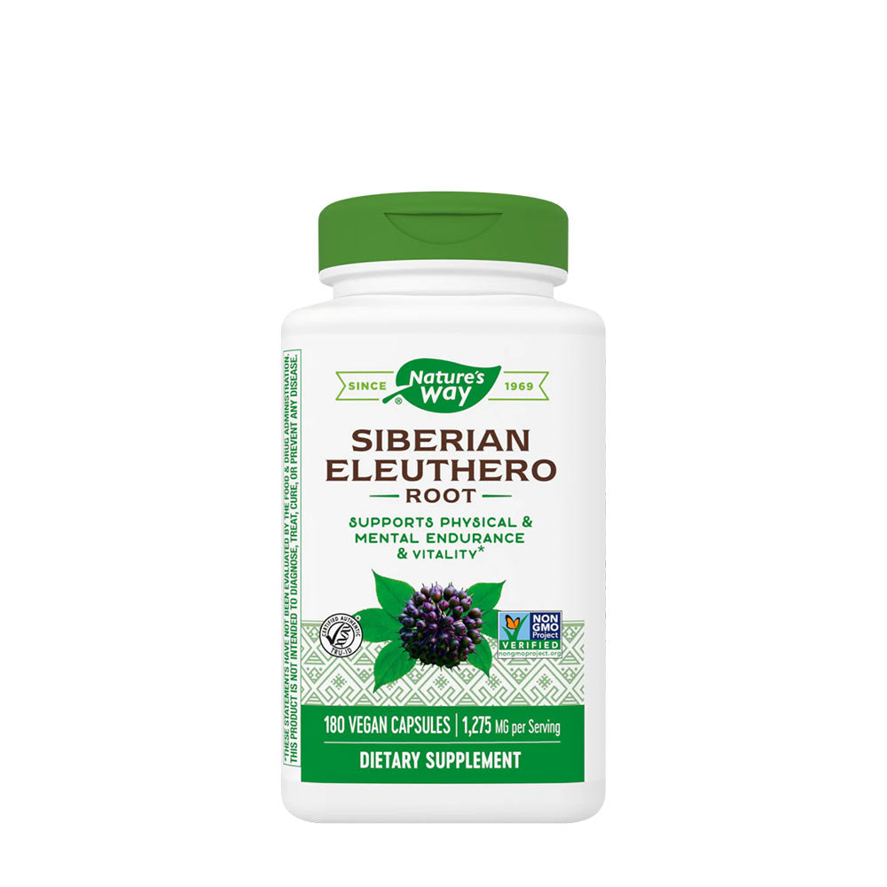 Nature's Way Siberian Eleuthero root supplement, promotes endurance, vitality, and stress management in vegan capsules.