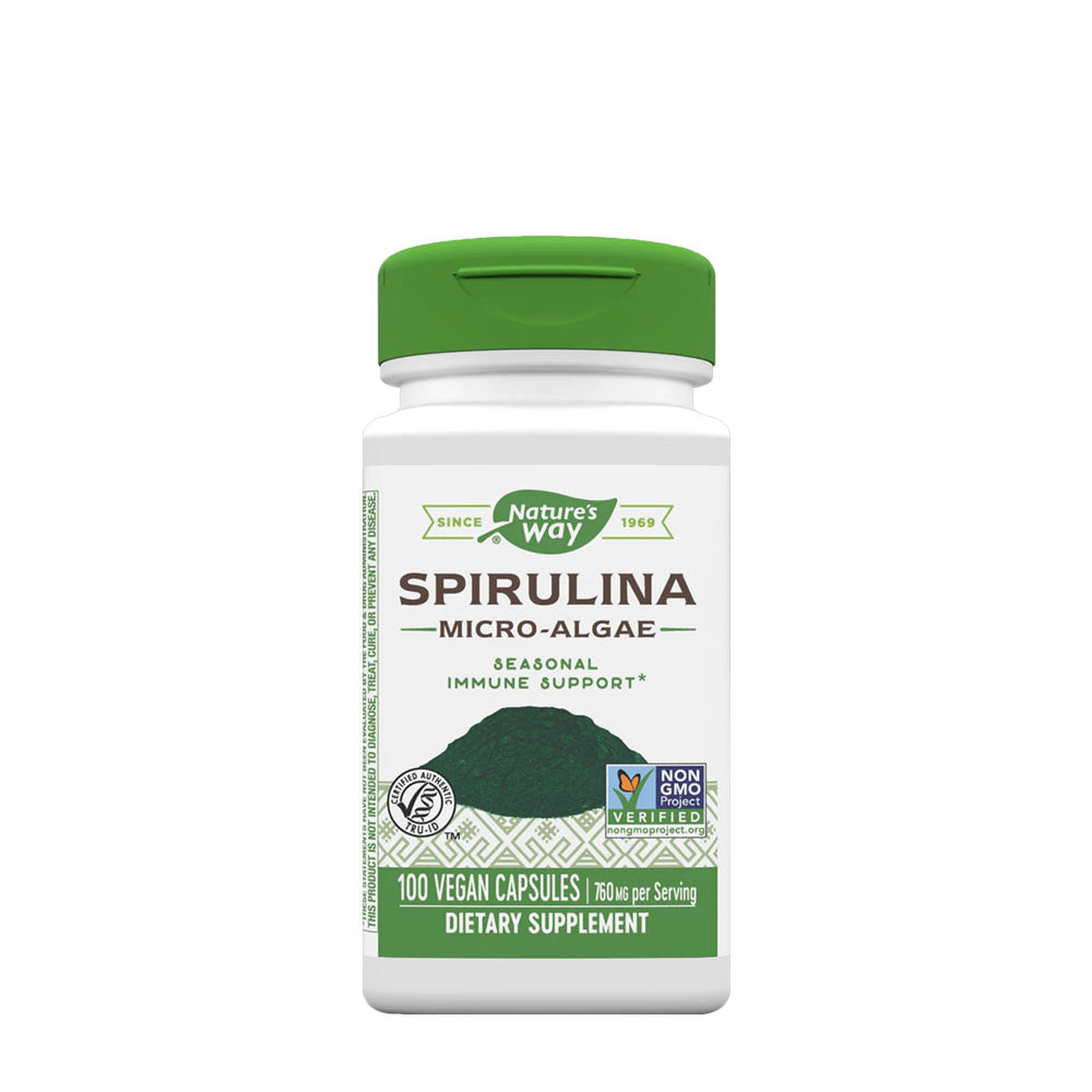 Nature's Way Spirulina dietary supplement bottle with 100 vegan capsules for immune support.