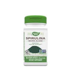 Nature's Way Spirulina dietary supplement bottle with 100 vegan capsules for immune support.