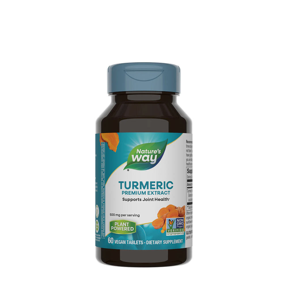 Nature's Way Turmeric Premium Extract bottle, 60 vegan tablets supporting joint health and inflammation.