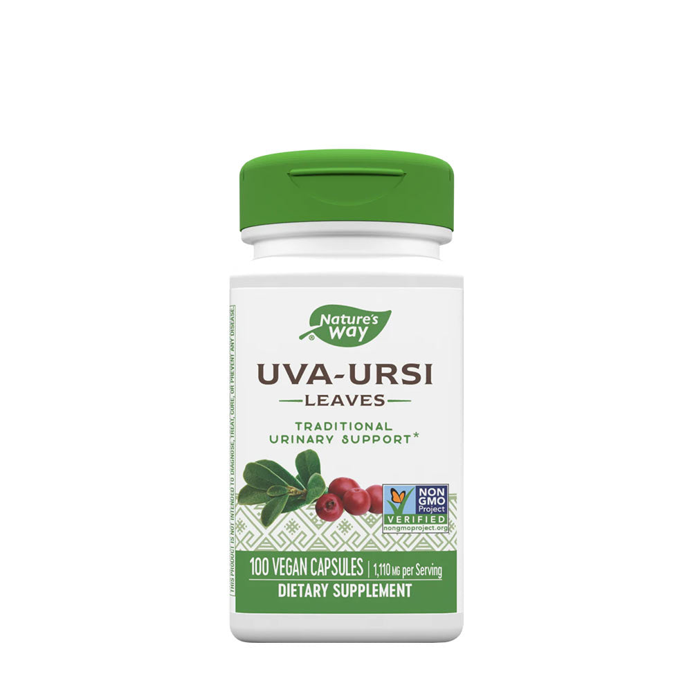 Nature's Way Uva Ursi Leaves supplement bottle for urinary health support, 100 vegan capsules.