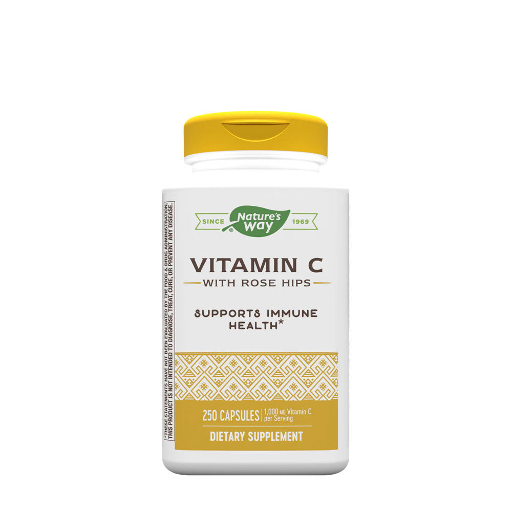 Nature's Way Vitamin C with Rose Hips bottle, supporting immune health and skincare, 250 capsules, dietary supplement.