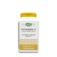 Nature's Way Vitamin C with Rose Hips bottle, supporting immune health and skincare, 250 capsules, dietary supplement.