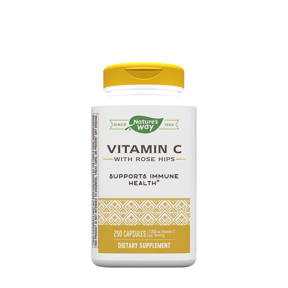 Nature's Way Vitamin C with Rose Hips supplement bottle for immune health, 250 capsules.