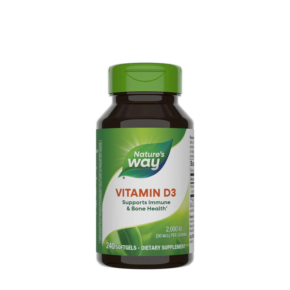 Nature's Way Vitamin D3 softgel bottle, 240 count, supports immune and bone health.