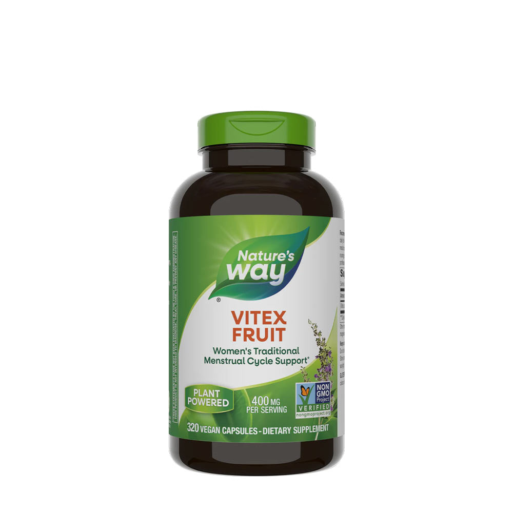 Nature's Way Vitex Fruit dietary supplement bottle for women's menstrual cycle support, 320 vegan capsules.