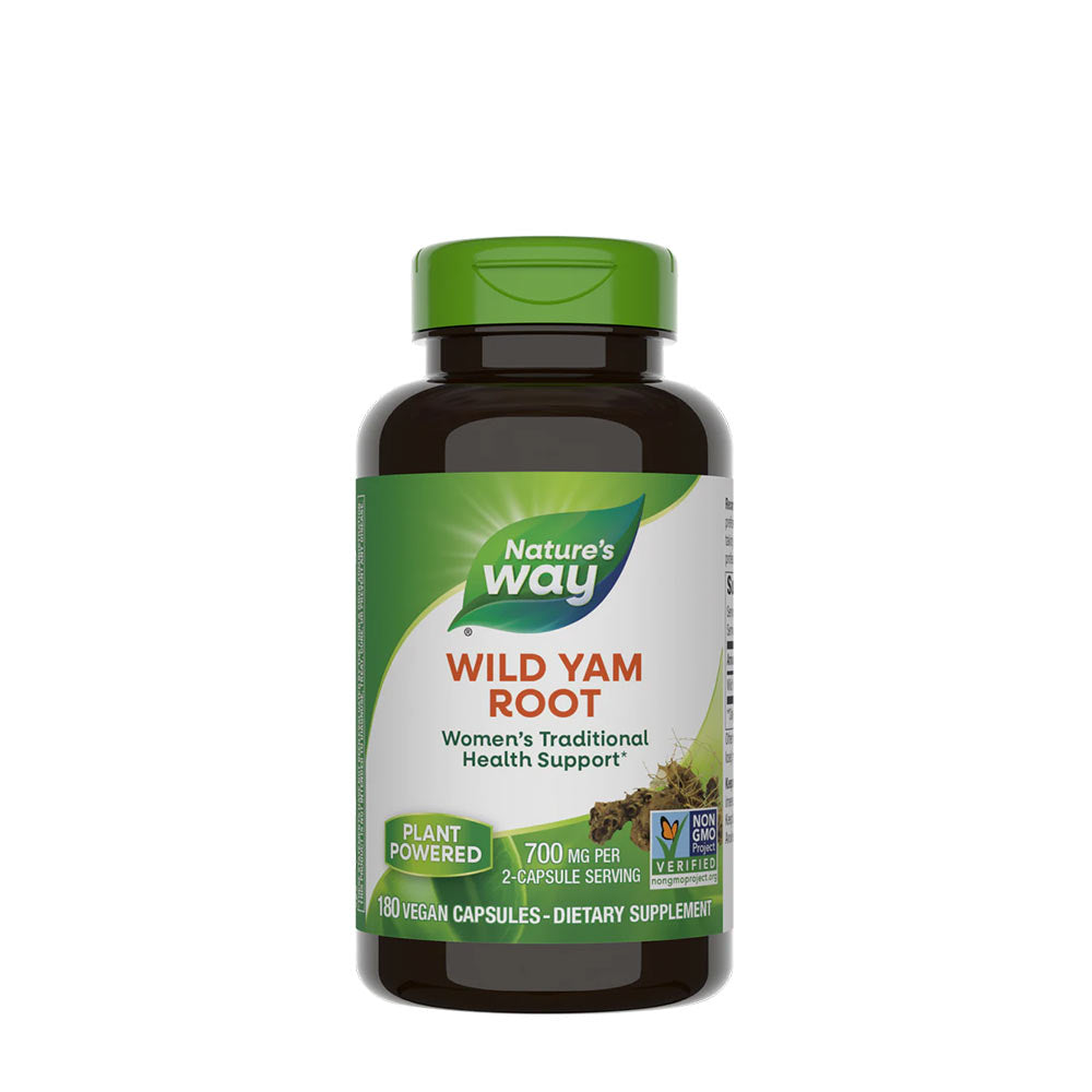 Nature's Way Wild Yam Root supplement bottle for women's health support, 180 vegan capsules.