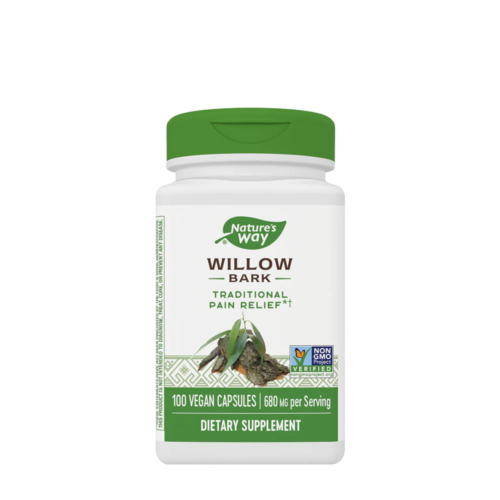 Nature's Way Willow Bark dietary supplement bottle for pain relief, 100 vegan capsules, non-GMO.