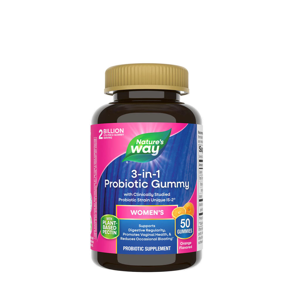 Nature's Way 3-in-1 Probiotic Women's Gummy, supports digestive health and vaginal wellness, orange flavored, 50 gummies.