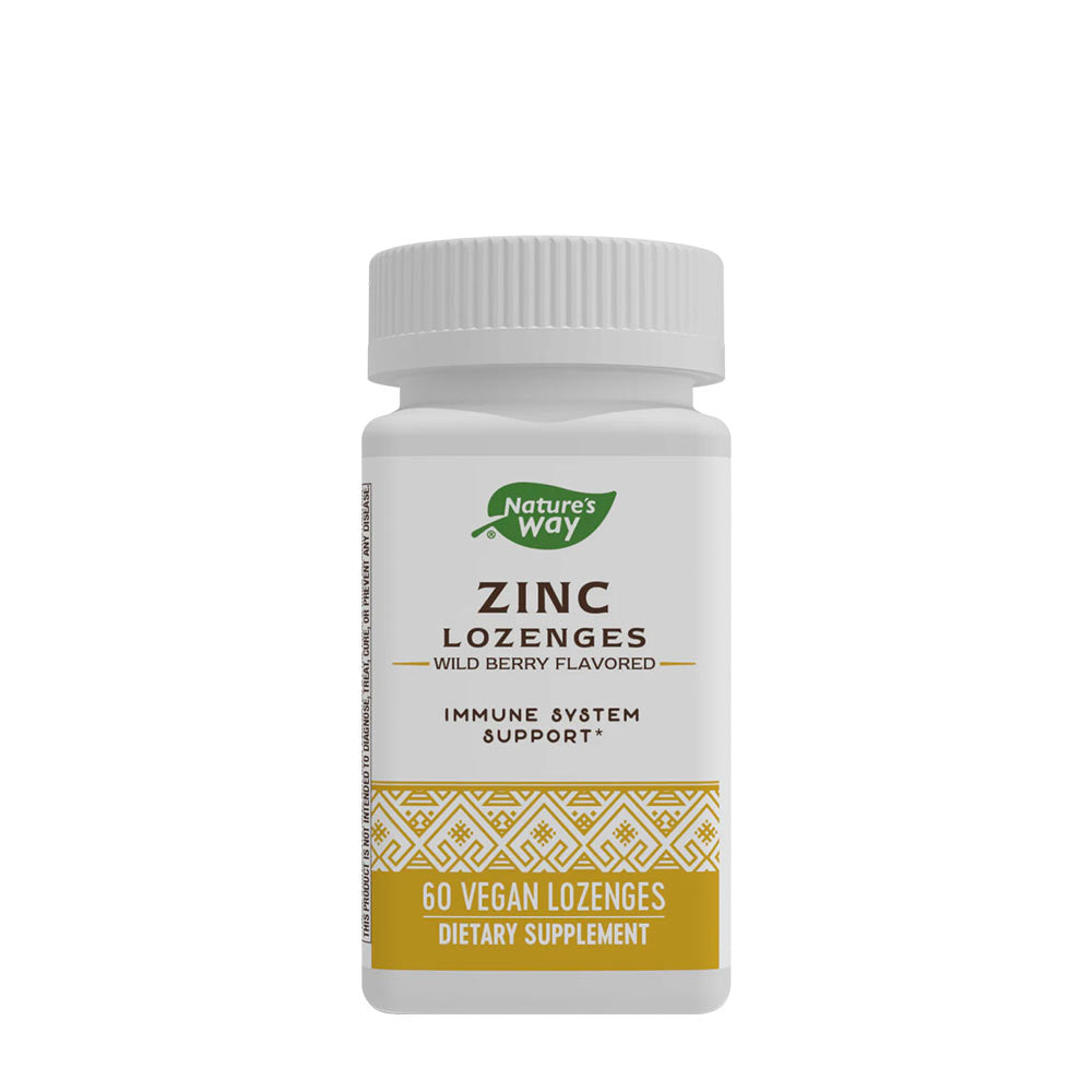 Nature's Way Zinc Lozenges bottle, wild berry flavor, 60 vegan lozenges for immune support.
