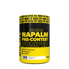 FA Xtreme Napalm Pre-Contest Pumped supplement for maximum muscle pump and endurance, 350g in mango-lemon flavor.