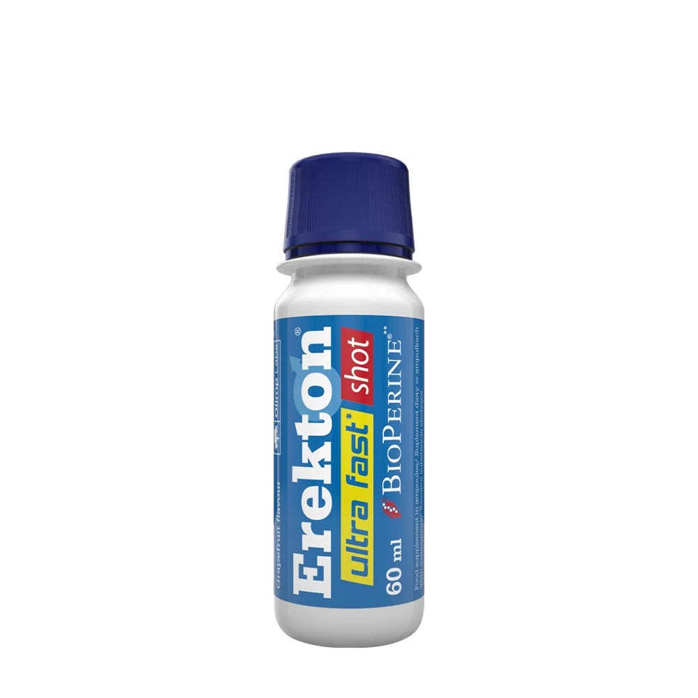 Olimp Erekton Ultra Fast Shot 60 ml bottle, a male dietary supplement with L-arginine and ginseng.