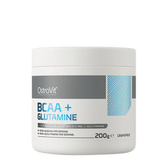 OstroVit BCAA + Glutamine powder container with grapefruit flavor, 200g, for muscle recovery and performance.