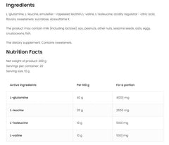 OstroVit BCAA + Glutamine baksida näringsfakta