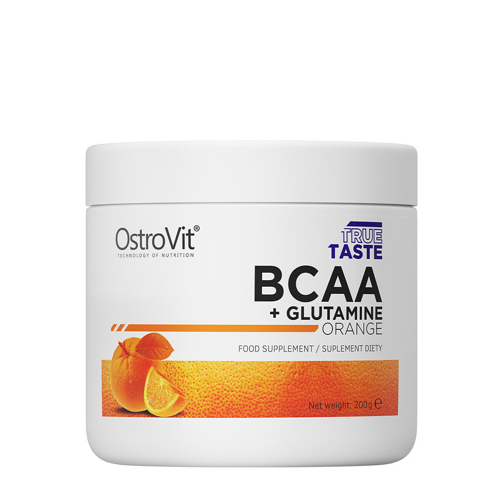OstroVit BCAA + Glutamine orange flavor supplement powder jar, 200g, high-quality amino acid nutrition.