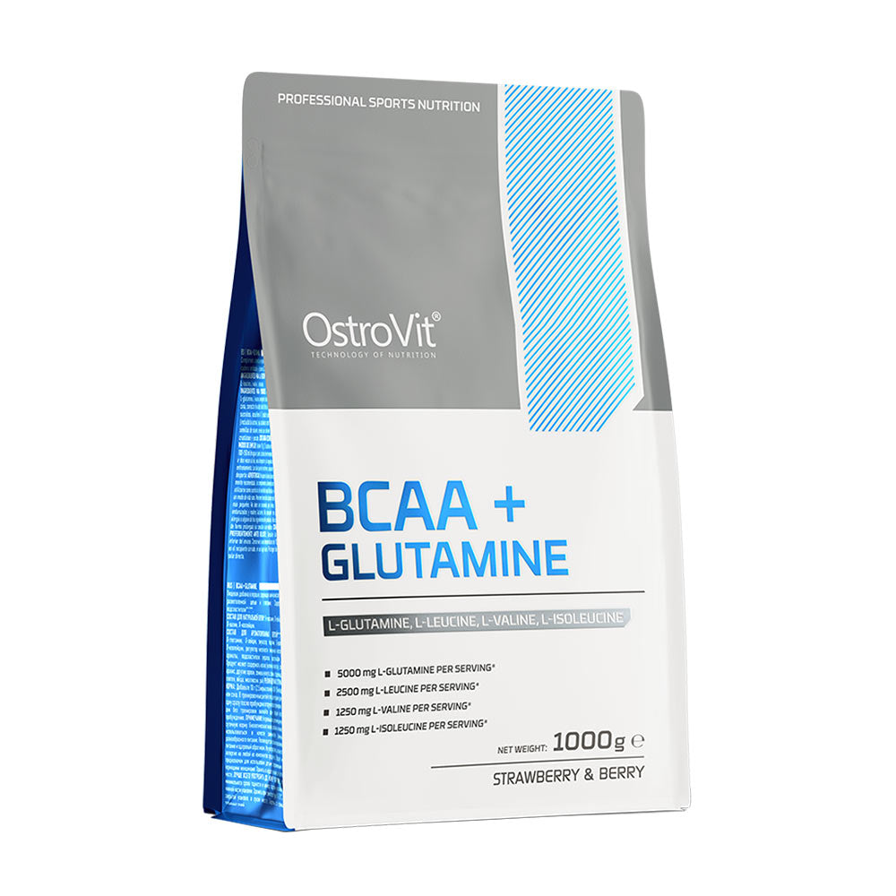 OstroVit BCAA + Glutamine powder, 1000g, strawberry and berry flavor, sports nutrition supplement.