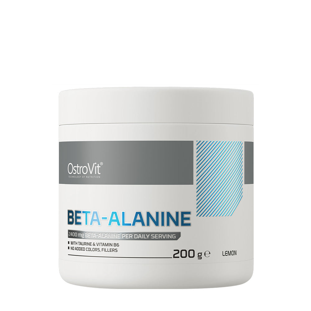 OstroVit Beta-Alanine Powder 200g for muscle endurance with lemon flavor, 800mg per serving.