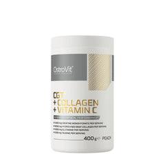OstroVit CGT + Collagen + Vitamin C supplement container in peach flavor, 400g for muscle recovery and performance.