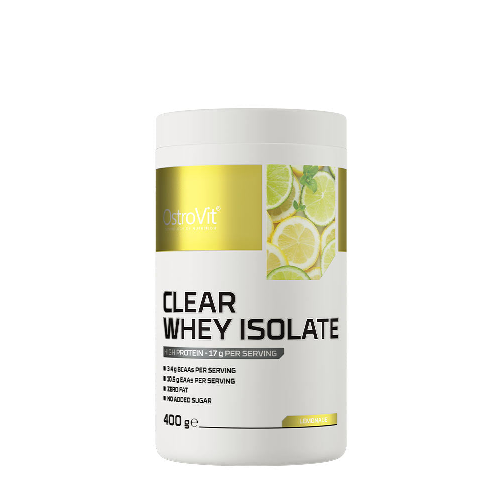 OstroVit Clear Whey Isolate protein powder container with lemon flavor, 400g, high-quality protein, sugar-free.